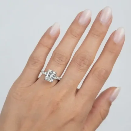 TLJB-L150-012-R-1 Platinum Plated Emerald-Cut CZ 3ct Solitaire Ring with Detailed Pavé Band"