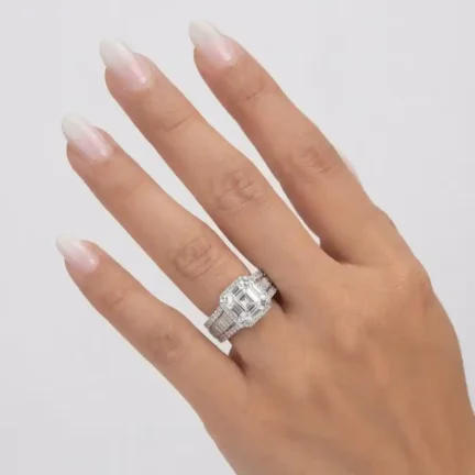 TLJB-L150-013-R-1 Platinum Plated Radiant-Cut Halo 4ct Solitaire Ring with Wide Baguette Band