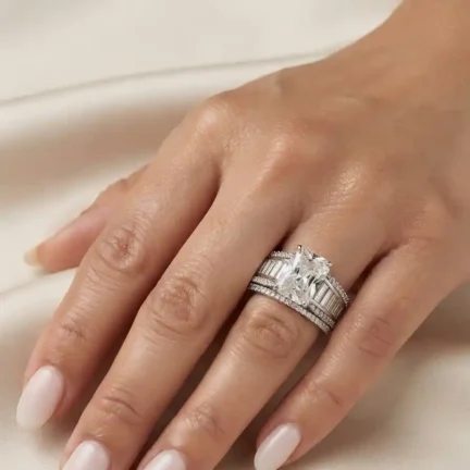 TLJB-L150-014-R-1 Platinum Plated CZ 5ct Emerald cut Solitaire Ring with Wide Baguette Band