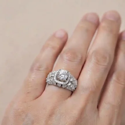 TLJB-L150-022-R-1 Platinum Plated Statement CZ 7mm Solitaire Ring with multilayered Pavé Band