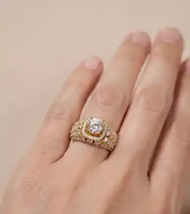 TLJB-L150-023-R-1 Gold Plated Statement CZ 7mm Solitaire Ring with multi Layered Pavé Band