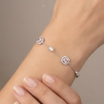 TLJB-L151-001-BR-1 Platinum plated elegant Pink CZ Halo Adjustable Bracelet
