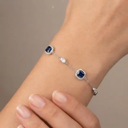 TLJB-L151-004-BR-1 Elegant Platinum Plated Blue CZ Halo Adjustable Bracelet