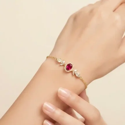 TLJB-L151-008-BR-1 Elegant Gold Plated Red Oval CZ Halo Link Chain Bracelet