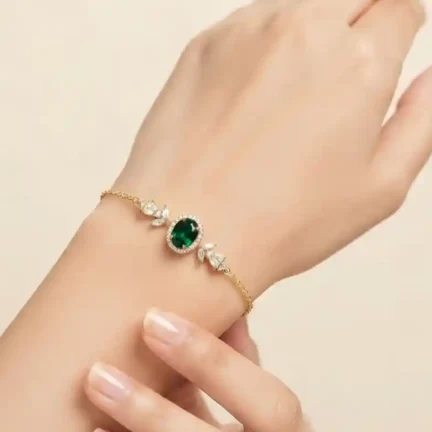TLJB-L151-010-BR-1 Elegant Gold Plated Green Oval CZ Halo Link Chain Bracelet