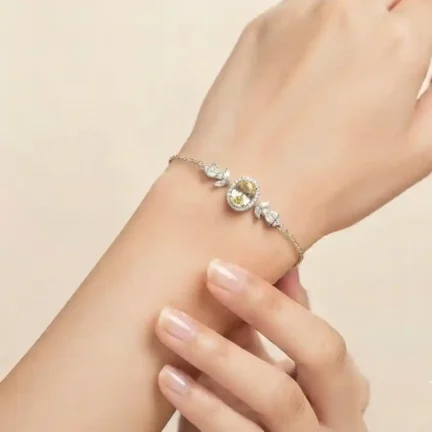 TLJB-L151-011-BR-1 Elegant Platinum Plated Yellow Oval CZ Halo Link Chain Bracelet