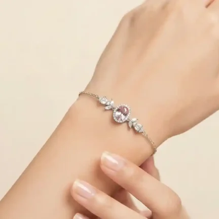 TLJB-L151-012-BR-1 Elegant Platinum Plated Light Pink Oval CZ Halo Link Chain Bracelet