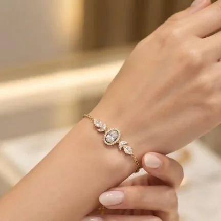 TLJB-L151-014-BR-1 Elegant Gold Plated Clear Oval CZ Halo Link Chain Bracelet