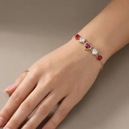 TLJB-L151-021-BR-1 Gold Plated Tapered Ruby Heart CZ Adjustable Link Chain Bracelet