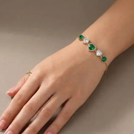 TLJB-L151-023-BR-1 Gold Plated Tapered Green and Clear Heart CZ Adjustable Link Chain Bracelet