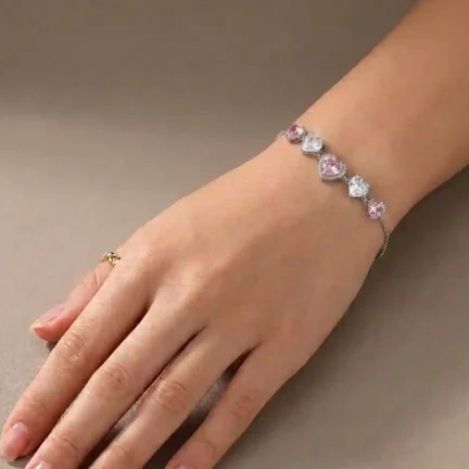 TLJB-L151-026-BR-1 Platinum Plated Tapered Pink and Clear Heart CZ Adjustable Link Chain Bracelet