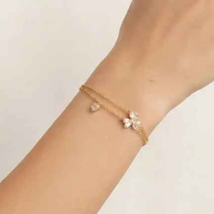 TLJB-L152-002-BR-1 Gold Plated Adjustable CZ Floral and Heart Charm Bracelet