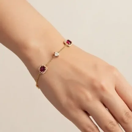 TLJB-L152-007-BR-1 Gold Plated Adjustable Ruby Red CZ Halo Bracelet