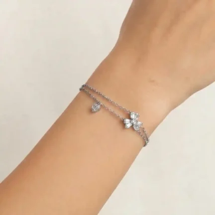 TLJB-L152-010-BR-1 Platinum Plated Adjustable CZ Floral and Heart Charm Bracelet