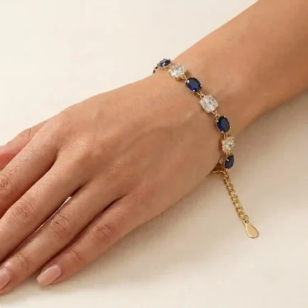 TLJB-L152-020-BR-1 Gold Plated Adjustable CZ Blue Oval and Square Link Bracelet
