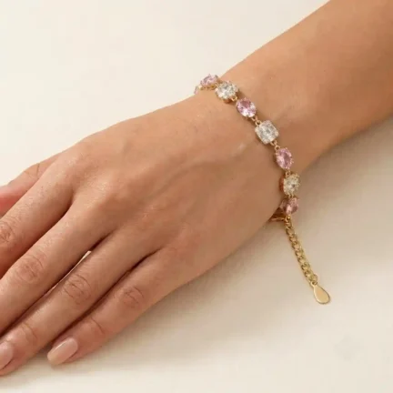 TLJB-L152-021-BR-1 Gold Plated Adjustable CZ Pink Oval and Square Link Bracelet