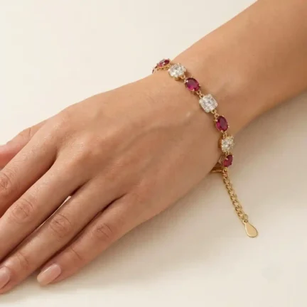 TLJB-L152-022-BR-1 Gold Plated Adjustable CZ Ruby Red Oval and Square Link Bracelet