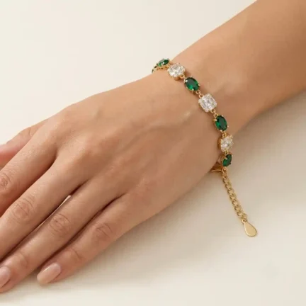 TLJB-L152-023-BR-1 Gold Plated Adjustable CZ green Oval and Square Link Bracelet