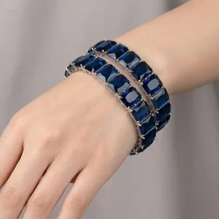 TLJB-L153-001-BR-1 Platinum-Plated Emerald-Cut Deep Blue CZ Double-Row Bracelet