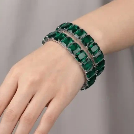 TLJB-L153-002-BR-1 Platinum-Plated Emerald-Cut Green CZ Double-Row Bracelet