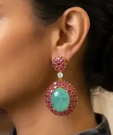 Gold-Plated Pink CZ & Mint Cabochon Statement Drop Earrings