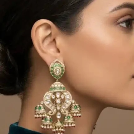 Statement Polki Kundan & CZ Emerald Green Chandbali Jhumka Earrings