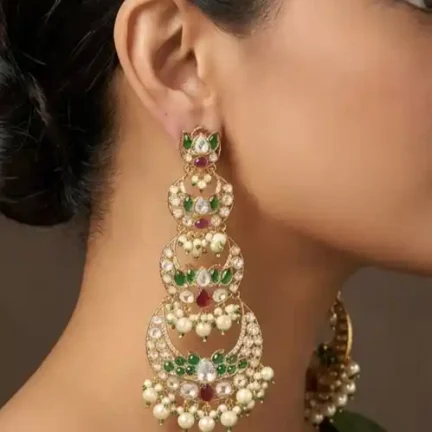 Statement Multi-Tier Polki Kundan, CZ & Pearl Chandelier Earrings