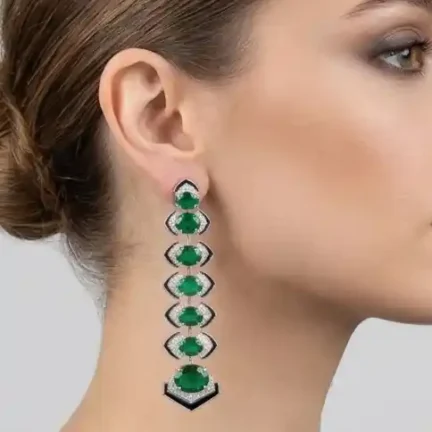 Statement Art Deco Emerald Green CZ & Black Enamel Linear Drop Earrings