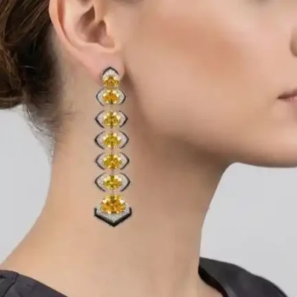 TLJB-L153-008-ER-1 Statement Art Deco Yellow CZ & Black Enamel Linear Drop Earrings