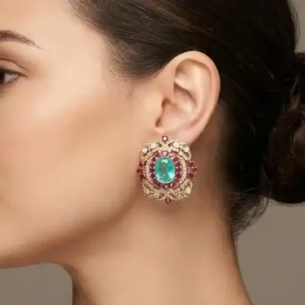 TLJB-L153-009-ER-1 Statement Mint Green & Pink CZ Gold-Plated Stud Earrings