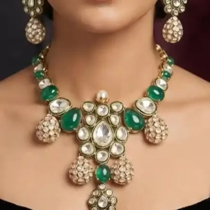 TLJB-L153-010-NK-1 Statement Gold-Plated Polki Kundan & Emerald Green Teardrop Necklace Set