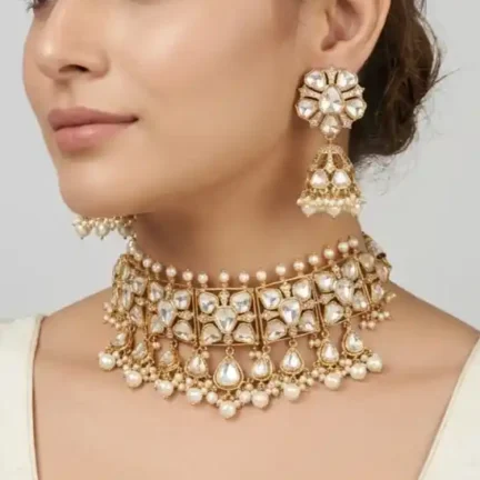 TLJB-L153-011-NK-1 Gold-Plated Polki Kundan & Pearl Choker Necklace Set with Jhumkasea